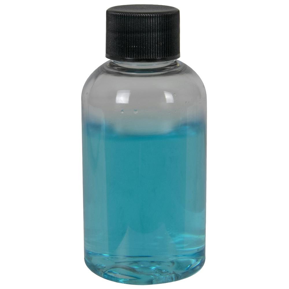 2 oz. Clear PET Squat Boston Round Bottle with 20/410 Black Ribbed Cap with F217 Liner