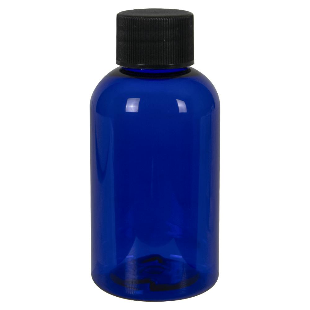 2 oz. Cobalt Blue PET Squat Boston Round Bottle with 20/410 Black Ribbed Cap with F217 Liner