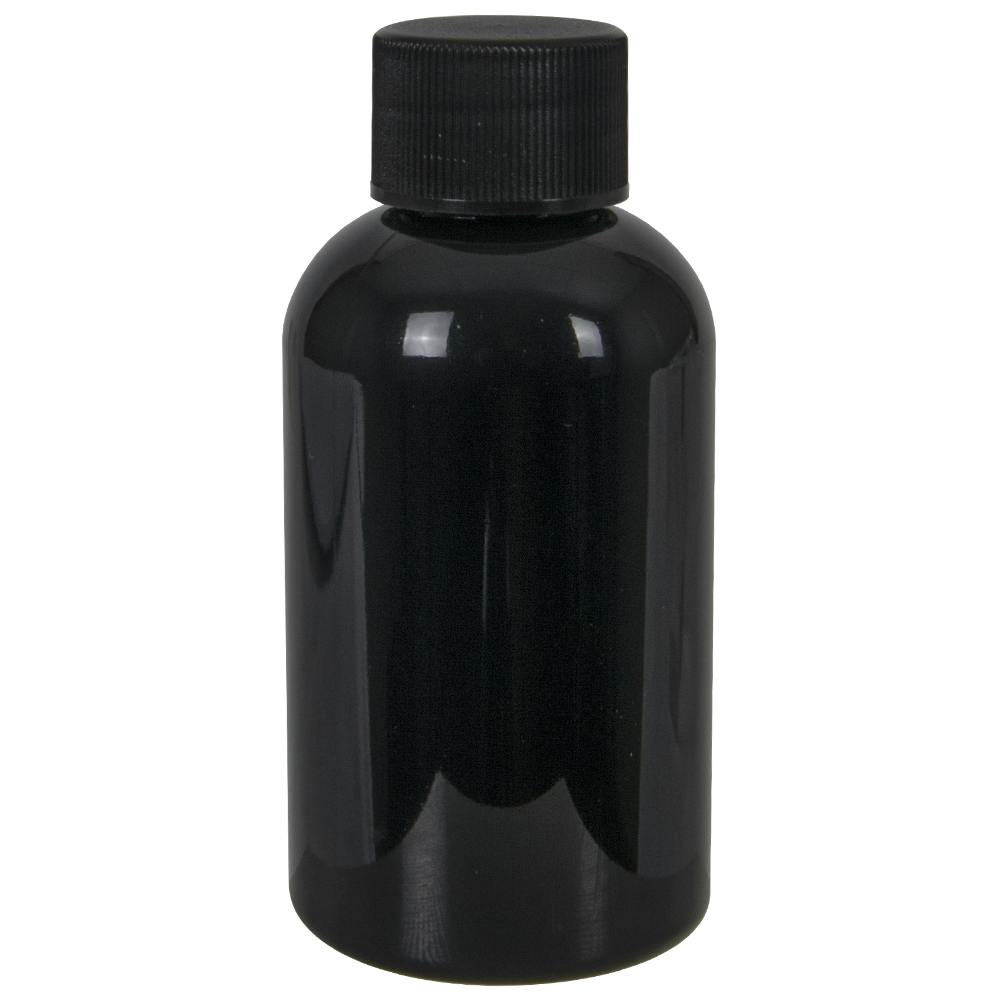 2 oz. Black PET Squat Boston Round Bottle with 20/410 Black Ribbed Cap with F217 Liner