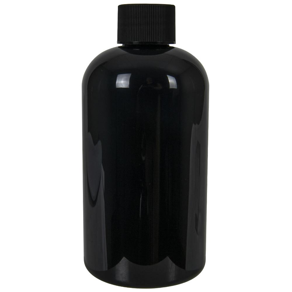 8 oz. Black PET Squat Boston Round Bottle with 24/410 Black Ribbed Cap with F217 Liner