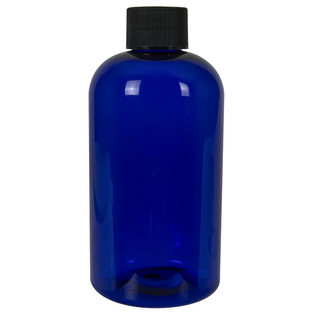 8 oz. Cobalt Blue PET Squat Boston Round Bottle with 24/410 Black Ribbed Cap with F217 Liner