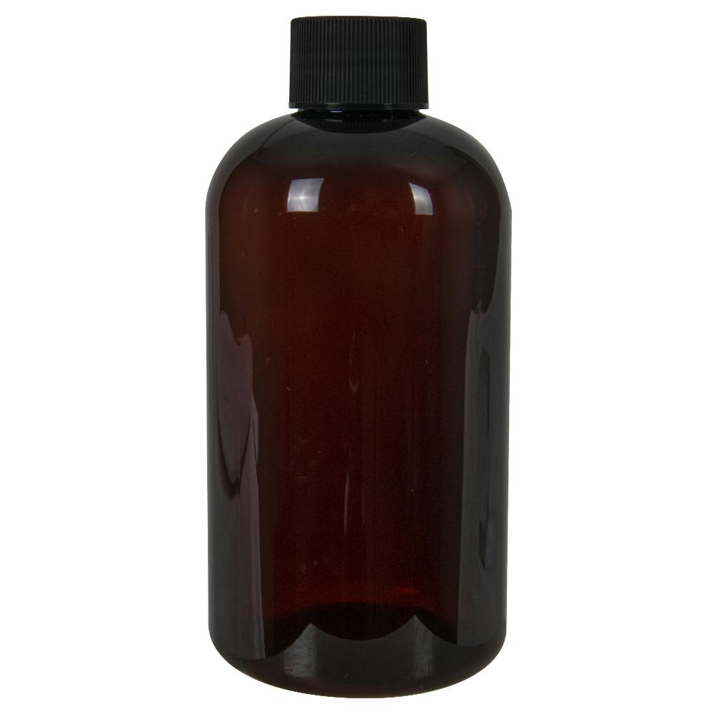 8 oz. Light Amber PET Squat Boston Round Bottle with 24/410 Black Ribbed Cap with F217 Liner