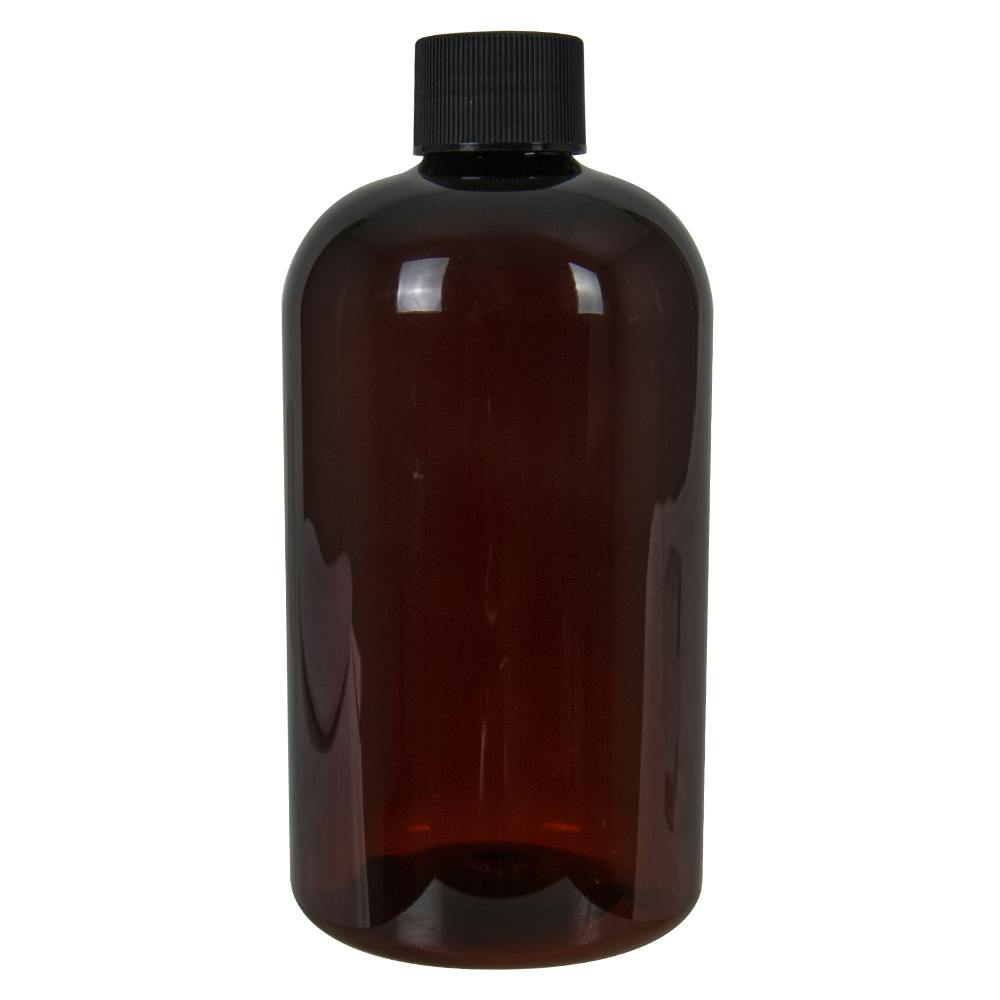 12 oz. Light Amber PET Squat Boston Round Bottle with 24/410 Black Ribbed Cap with F217 Liner