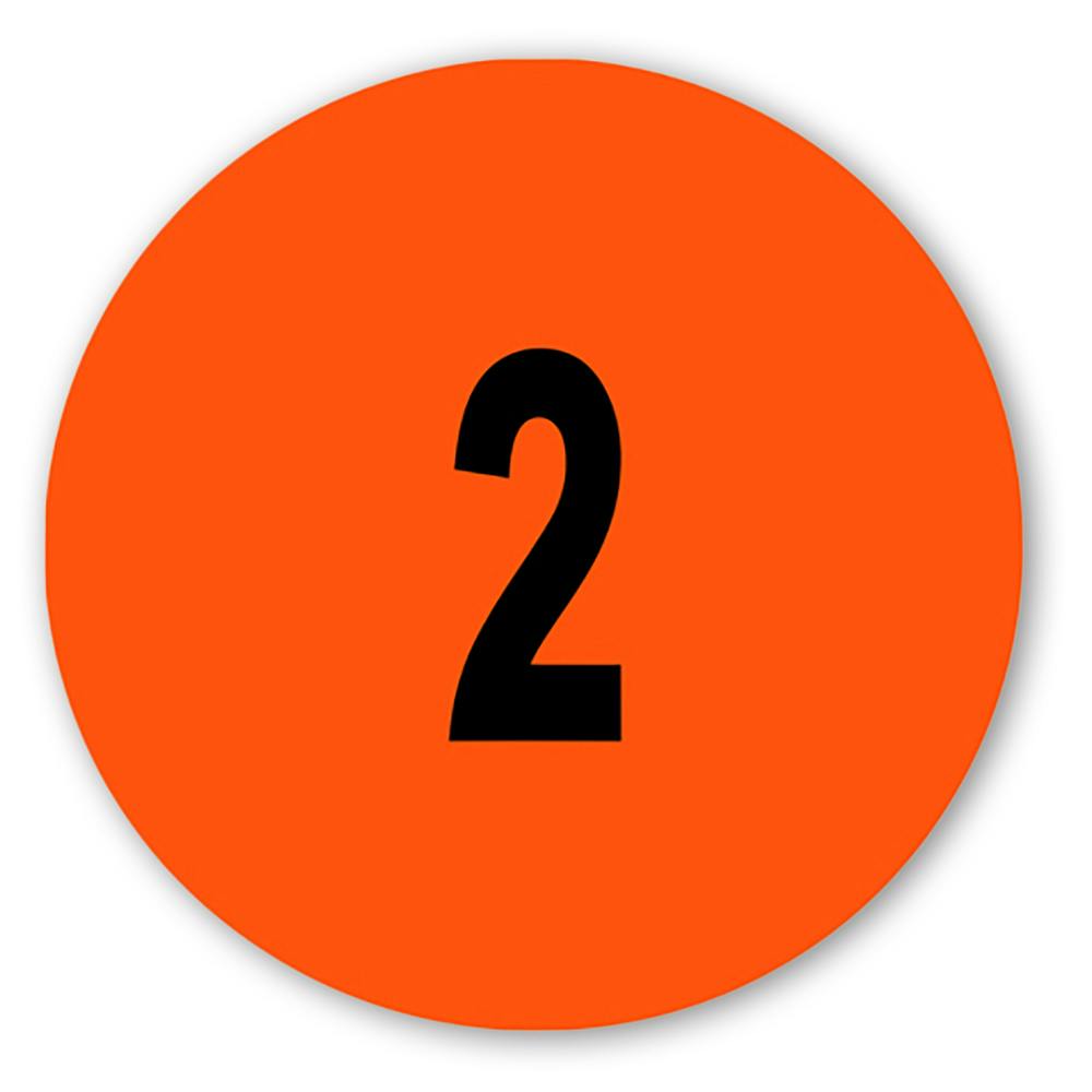Number "2" Round Paper Label with Orange Background - 2" Dia.