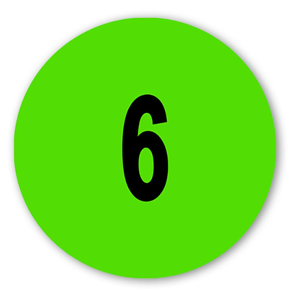 Number "6" Round Paper Label with Lime Green Background - 2" Dia.