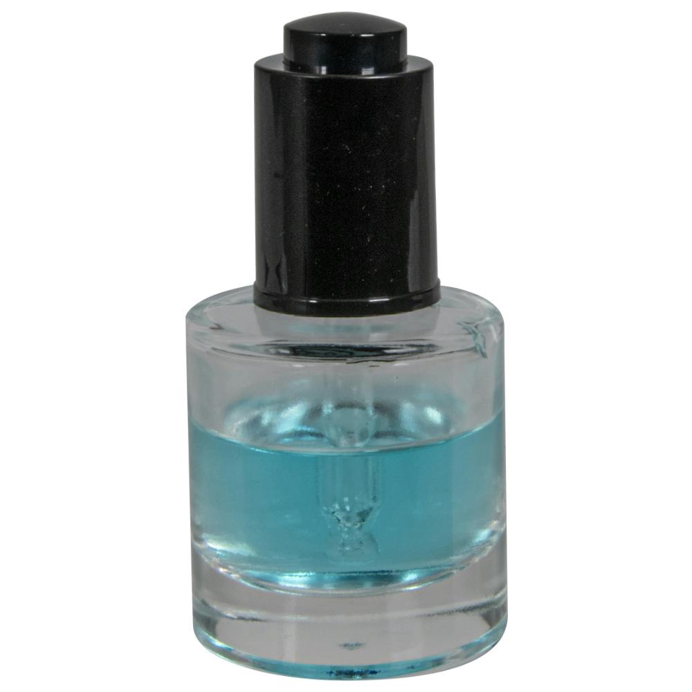 30mL (1 oz.) Clear Stubby Cylinder Glass Bottle with 20/410 Smooth Black Push-Button Dropper Cap with Ball Tip Glass Pipette