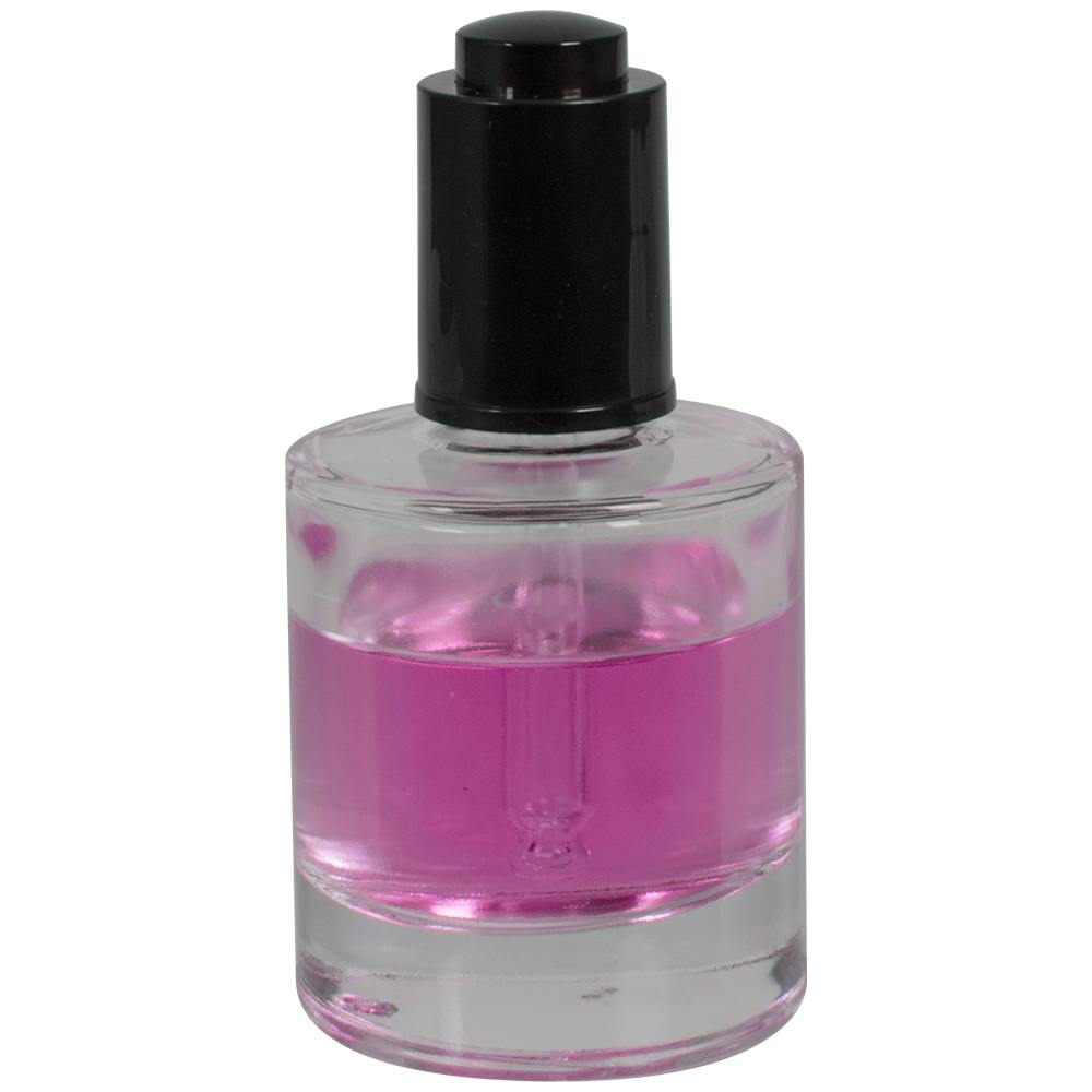 50mL (1.69 oz.) Clear Stubby Cylinder Glass Bottle with 20/415 Smooth Black Push-Button Dropper Cap with Ball Tip Glass Pipette