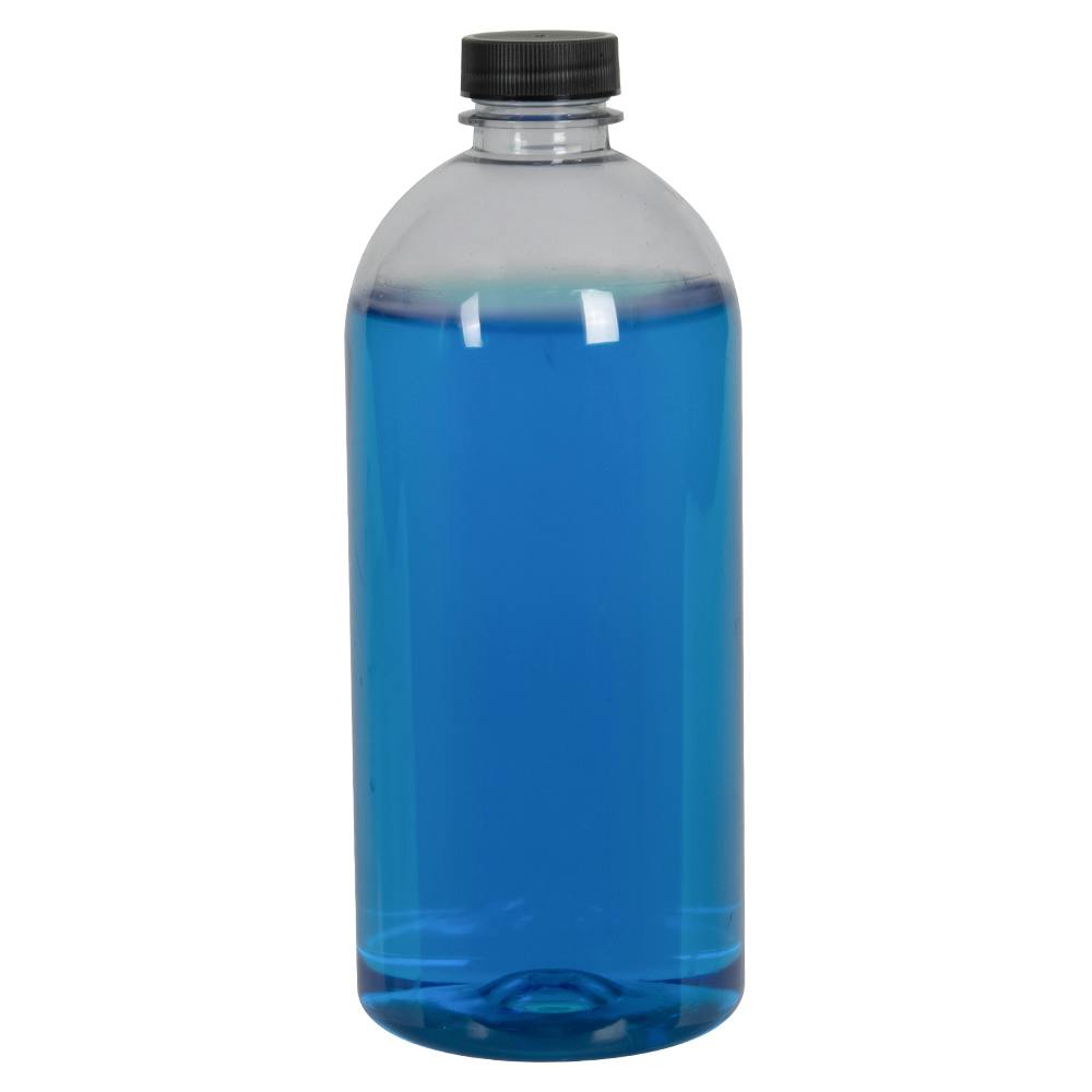 22 oz. Clear PET Squat Boston Round Bottle with 28/400 Black Ribbed Cap with F217 Liner