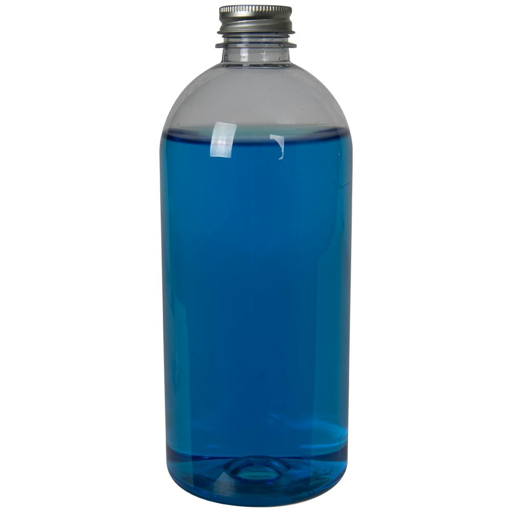 22 oz. Clear PET Squat Boston Round Bottle with 28/400 Brushed Silver Aluminum Cap with Foam Liner