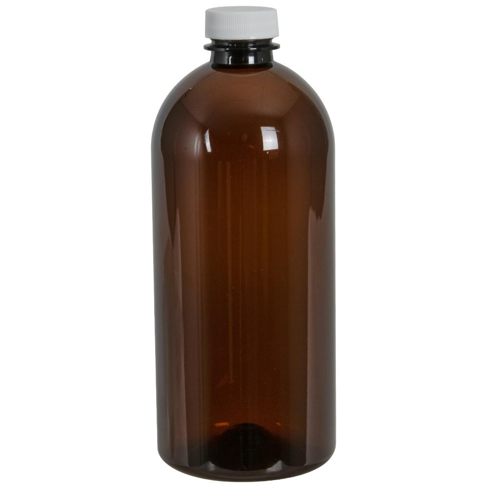 22 oz. Light Amber PET Squat Boston Round Bottle with 28/400 White Ribbed Cap with F217 Liner