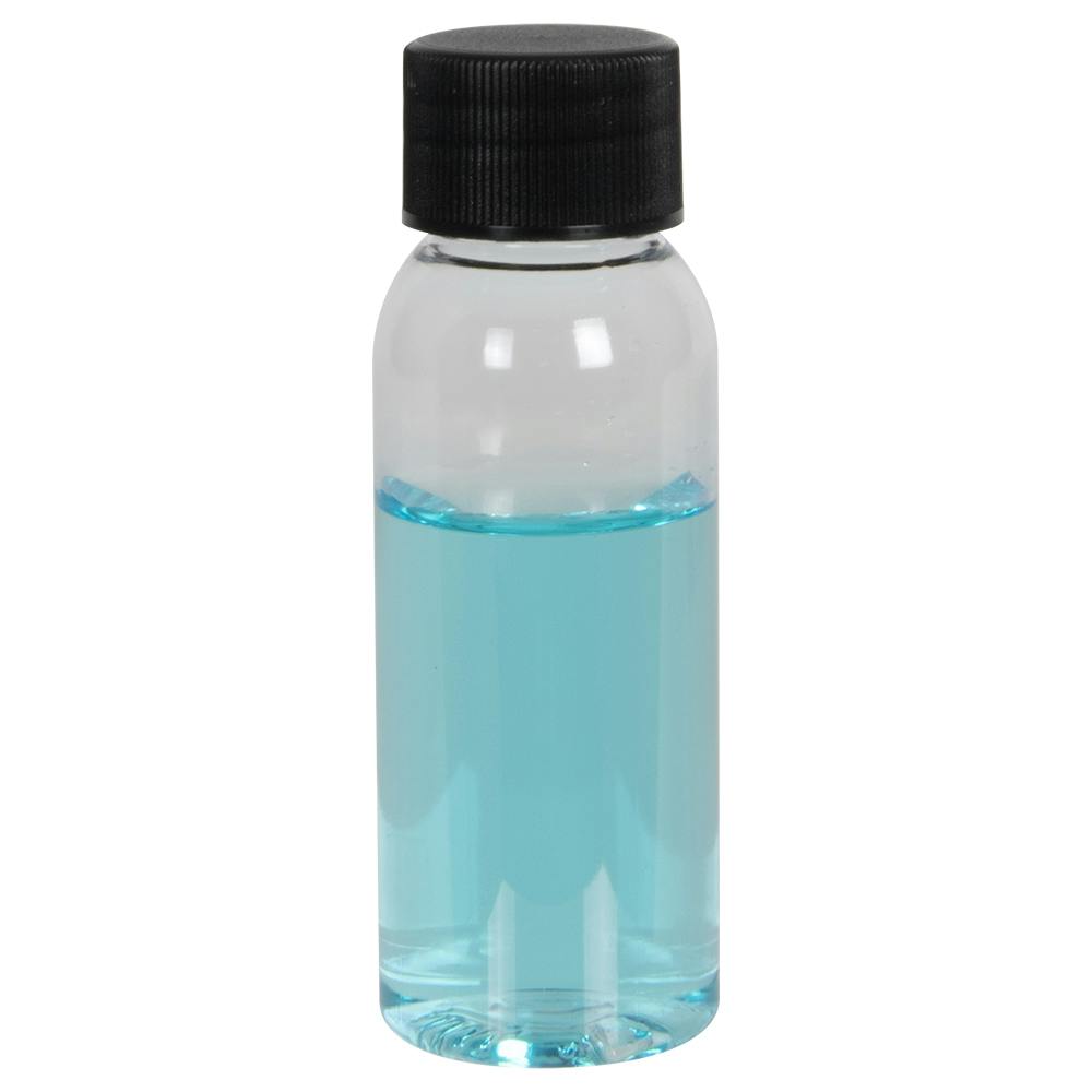 1 oz. Clear PET High Clarity Cosmo Round Bottle with 20/410 Black Ribbed Cap with F217 Liner