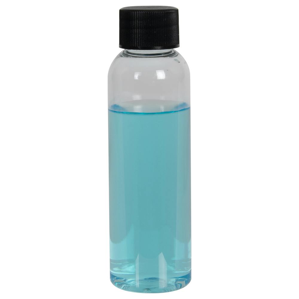 3 oz. Clear PET High Clarity Cosmo Round Bottle with 20/410 Black Ribbed Cap with F217 Liner