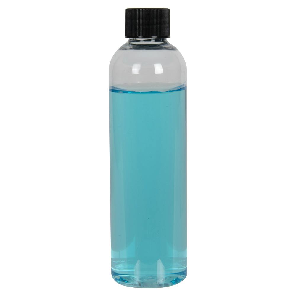 4 oz. Clear PET High Clarity Cosmo Round Bottle with 20/410 Black Ribbed Cap with F217 Liner