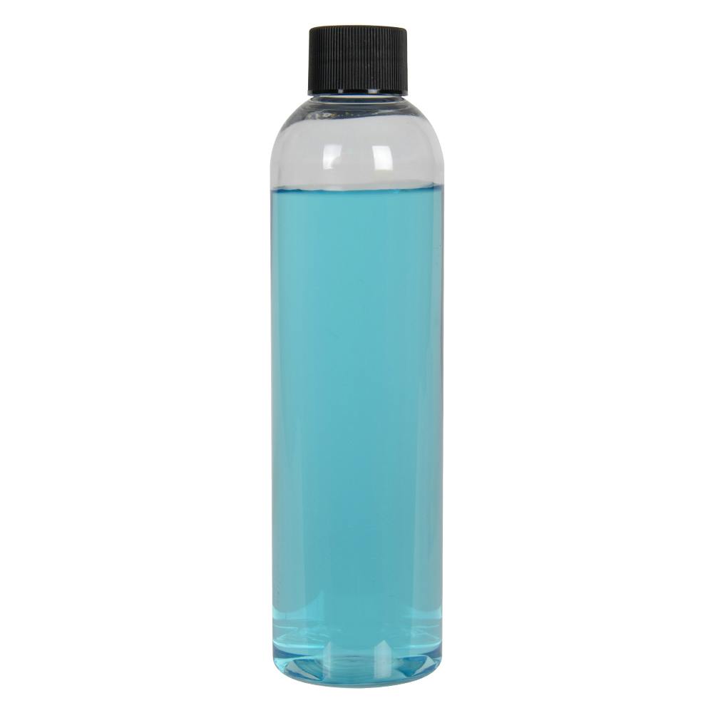 8 oz. Clear PET High Clarity Cosmo Round Bottle with 24/410 Black Ribbed Cap with F217 Liner
