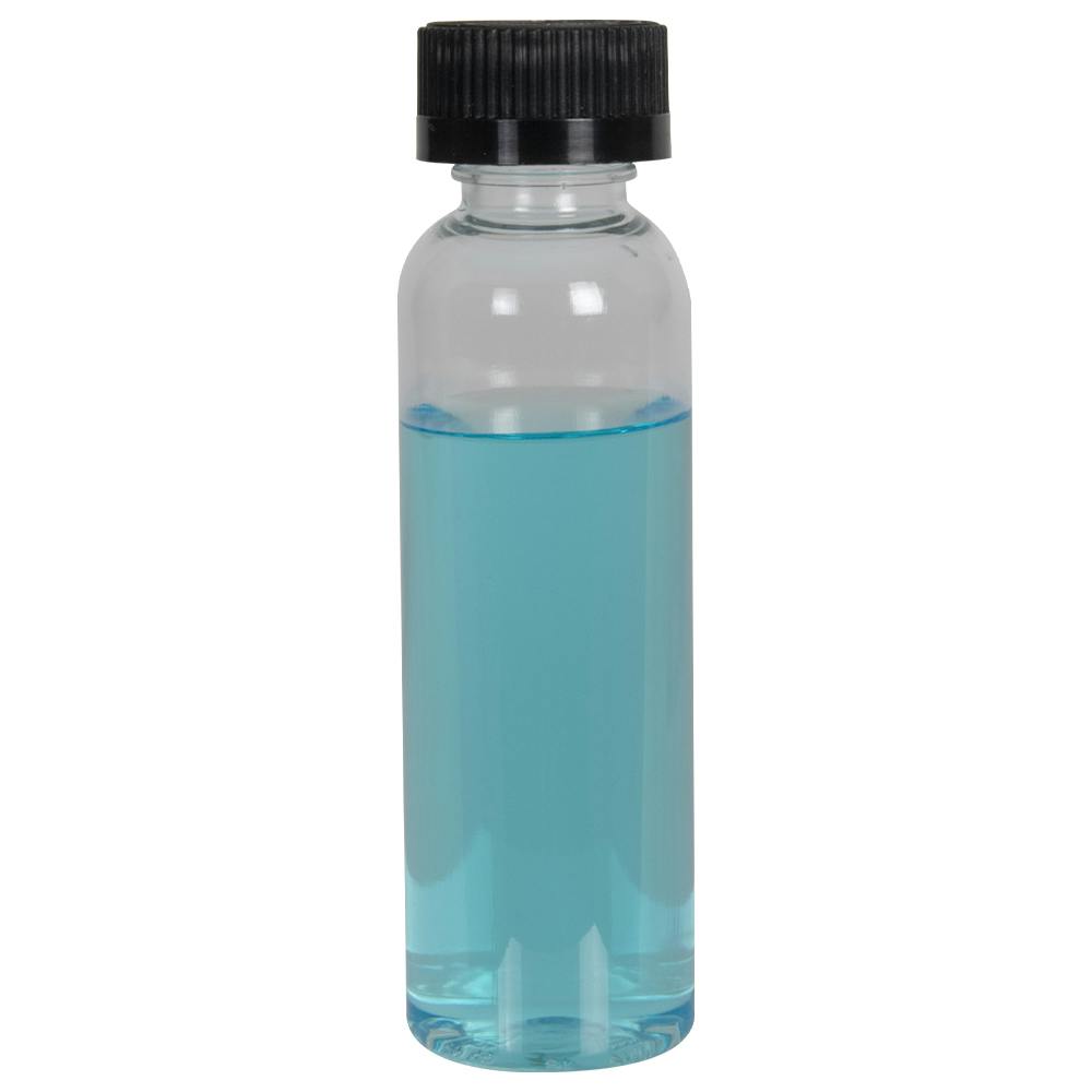 3 oz. Clear PET High Clarity Cosmo Round Bottle with 20/400 Black Ribbed Child-Resistant Cap (CRC) with F217 Liner