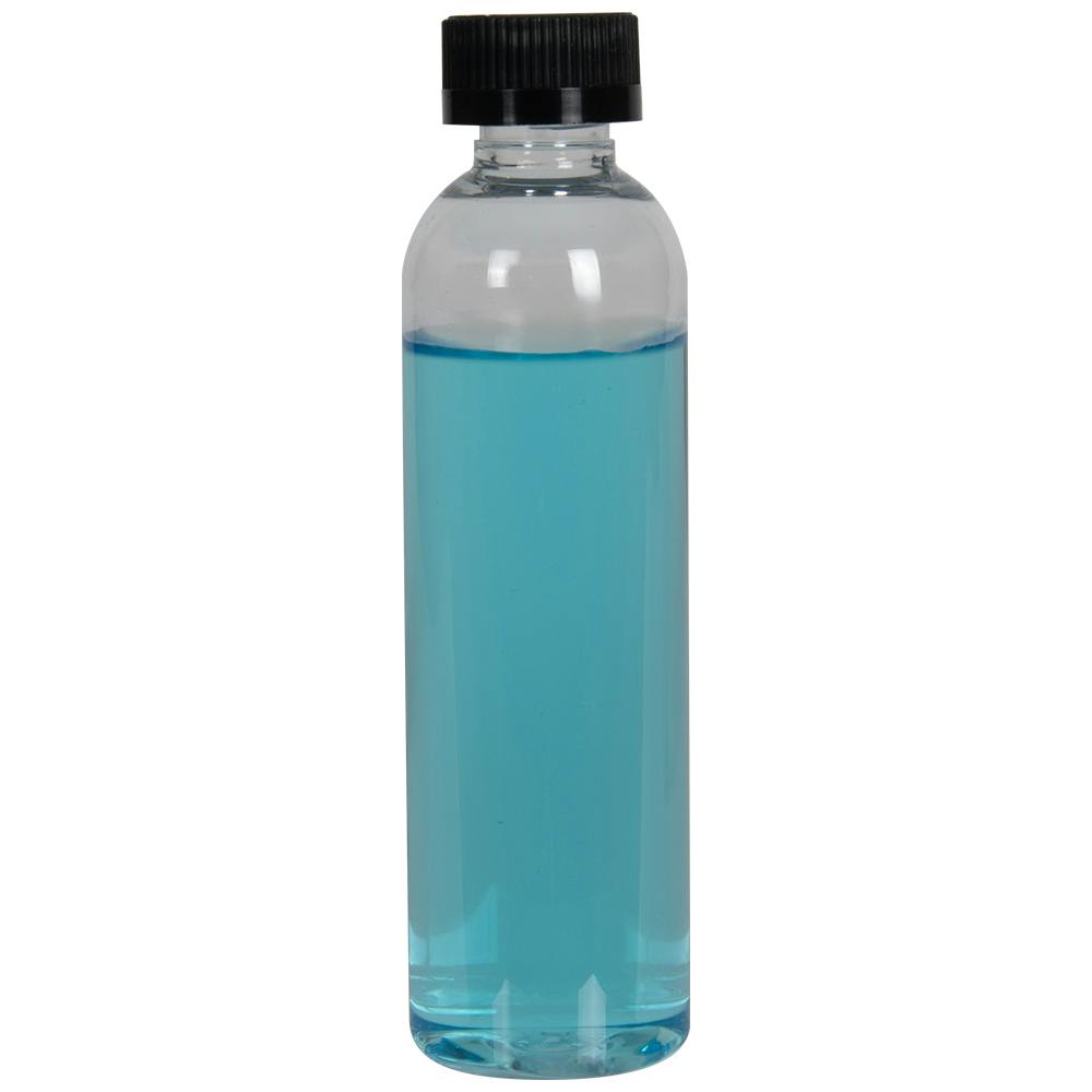 4 oz. Clear PET High Clarity Cosmo Round Bottle with 24/400 Black Ribbed Child-Resistant Cap (CRC) with F217 Liner