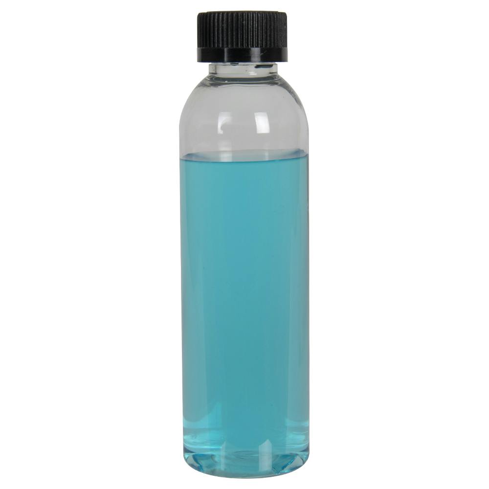 6 oz. Clear PET High Clarity Cosmo Round Bottle with 24/400 Black Ribbed Child-Resistant Cap (CRC) with F217 Liner