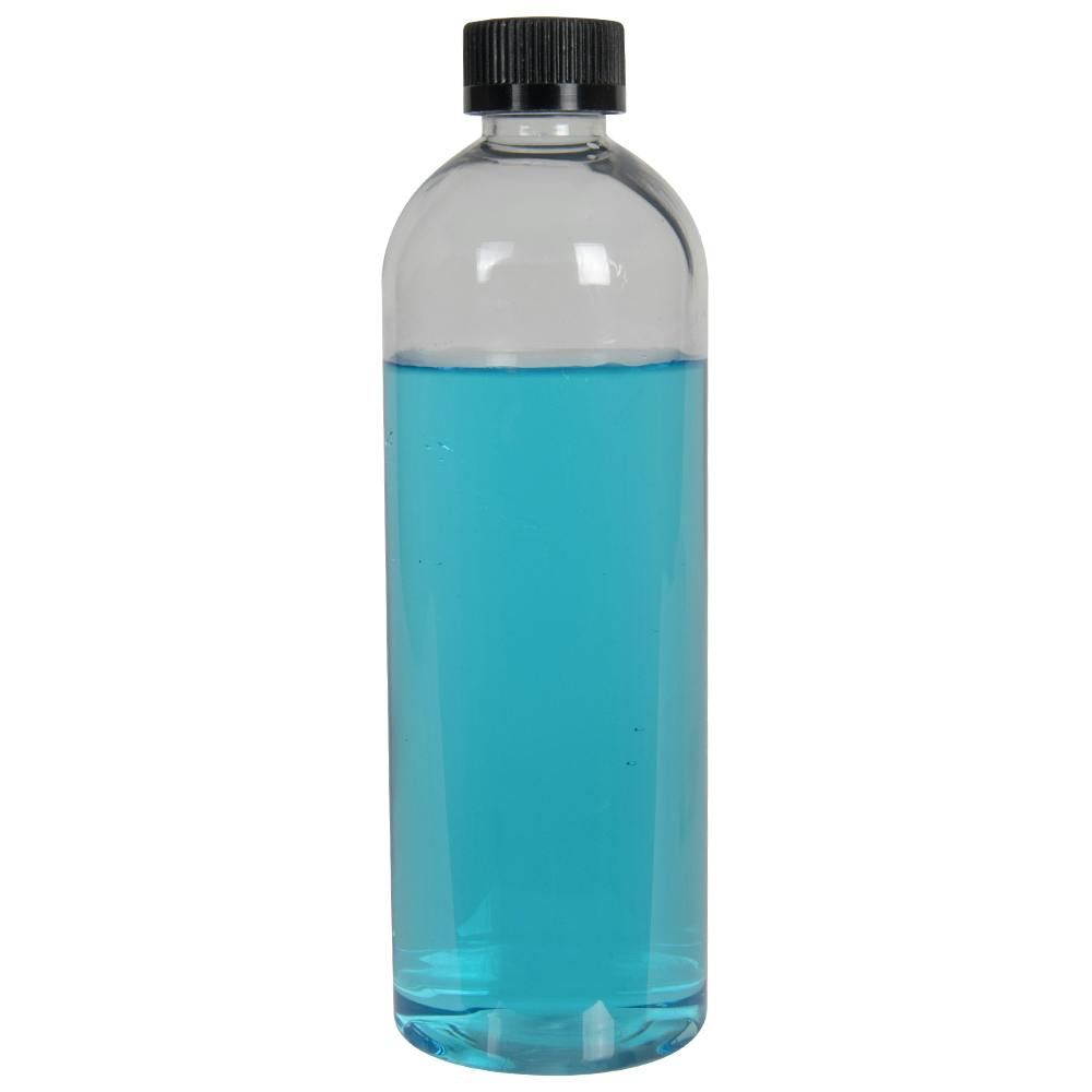 16 oz. Clear PET High Clarity Cosmo Round Bottle with 24/400 Black Ribbed Child-Resistant Cap (CRC) with F217 Liner