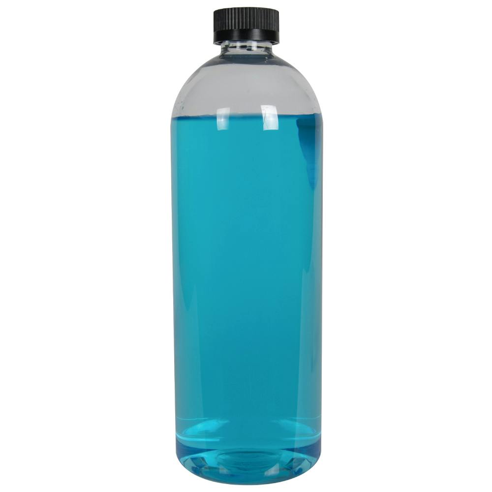 32 oz. Clear PET High Clarity Cosmo Round Bottle with 28/400 Black Ribbed Child-Resistant Cap (CRC) with F217 Liner