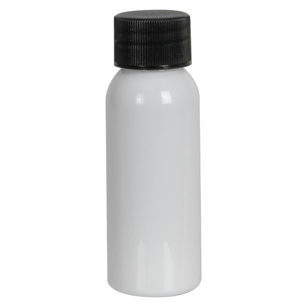 1 oz. White PET Cosmo Round Bottle with 20/410 Black Ribbed Cap with F217 Liner