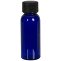1 oz. Cobalt Blue PET Cosmo Round Bottle with 20/410 Black Ribbed Cap with F217 Liner