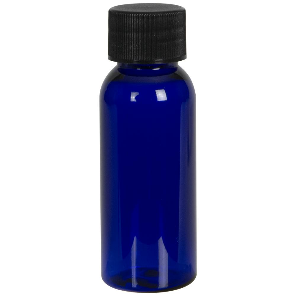 1 oz. Cobalt Blue PET Cosmo Round Bottle with 20/410 Black Ribbed Cap with F217 Liner