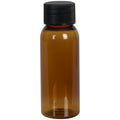 1 oz. Clarified Amber PET Cosmo Round Bottle with 20/410 Black Ribbed Cap with F217 Liner