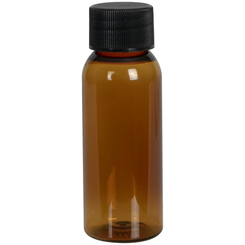 1 oz. Clarified Amber PET Cosmo Round Bottle with 20/410 Black Ribbed Cap with F217 Liner