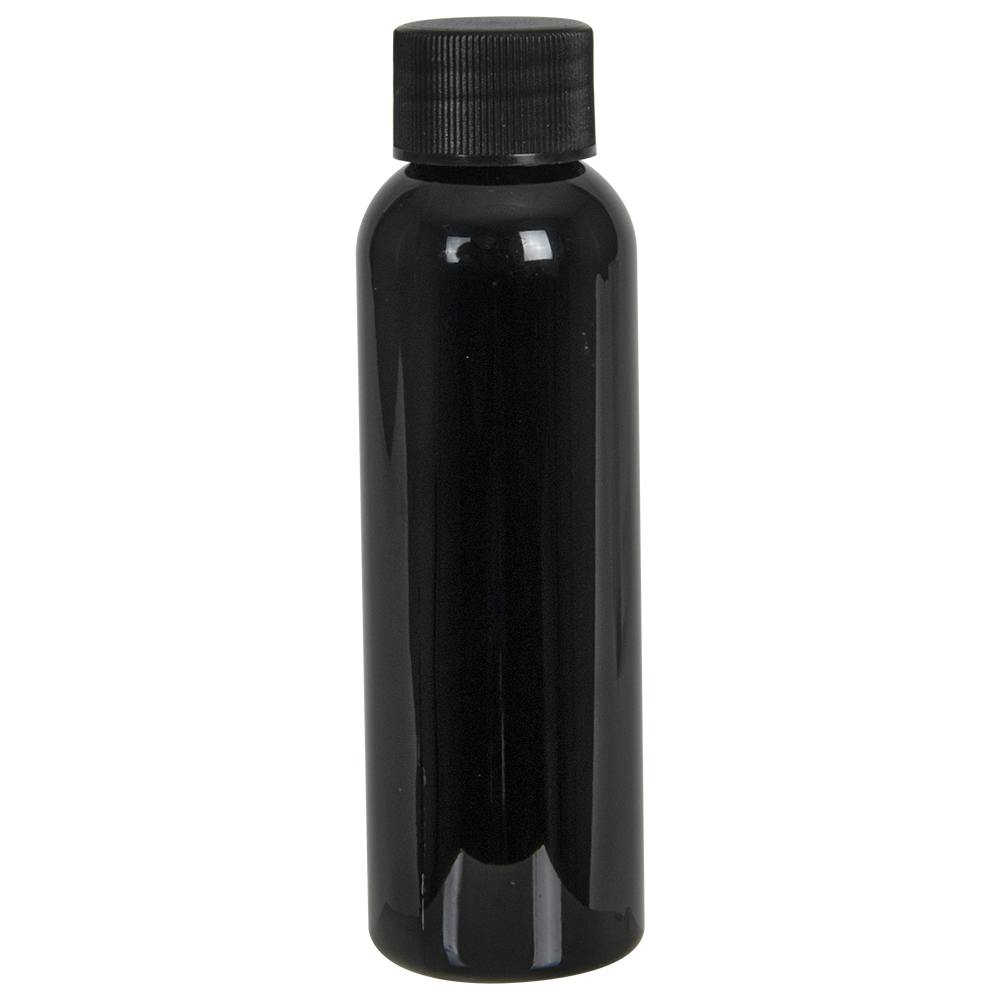 2 oz. Black PET Cosmo Round Bottle with 20/410 Black Ribbed Cap with F217 Liner