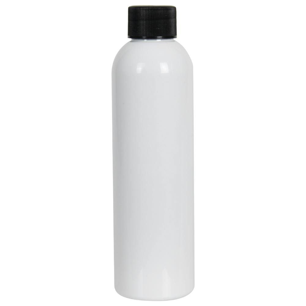 4 oz. White PET Cosmo Round Bottle with 20/410 Black Ribbed Cap with F217 Liner