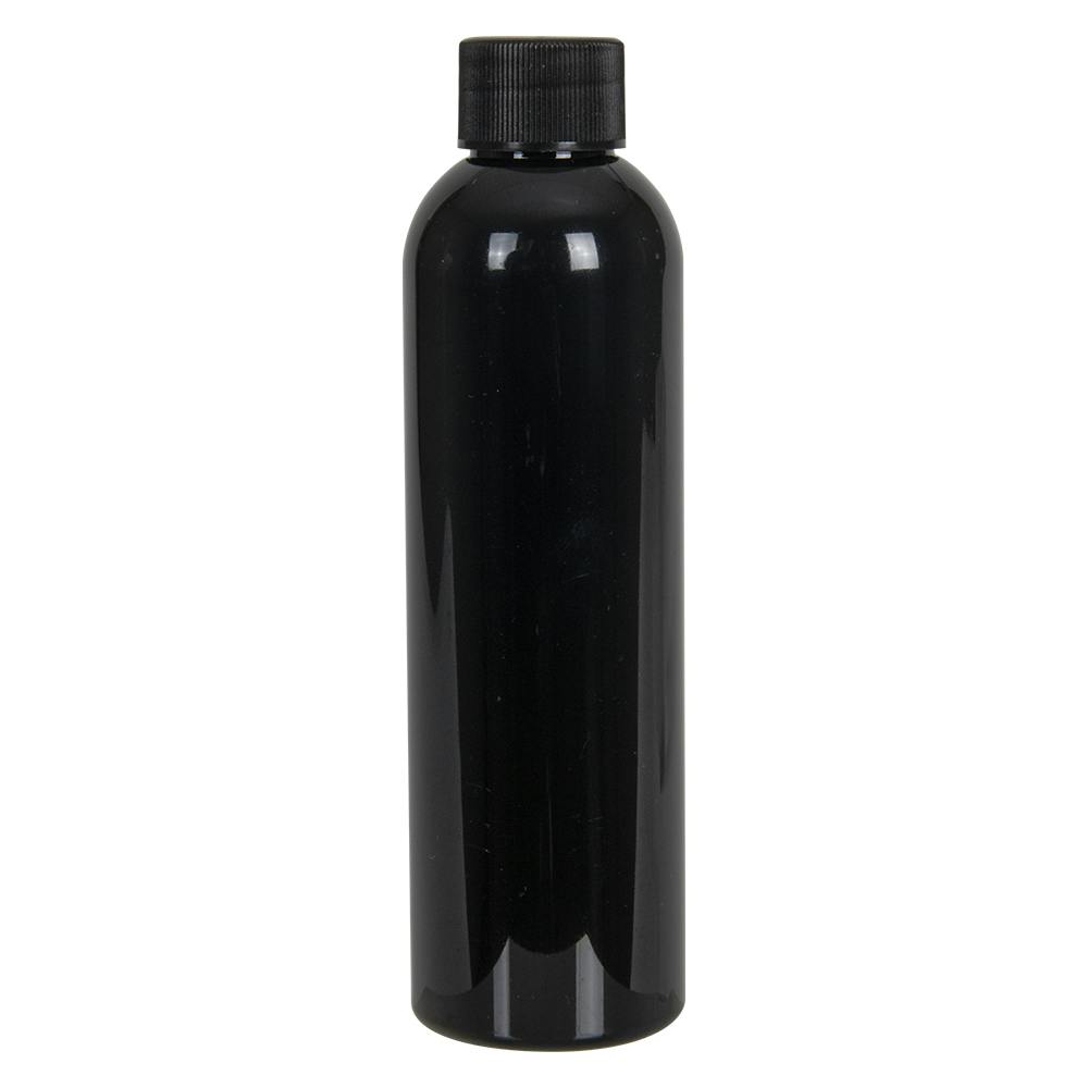 4 oz. Black PET Cosmo Round Bottle with 20/410 Black Ribbed Cap with F217 Liner