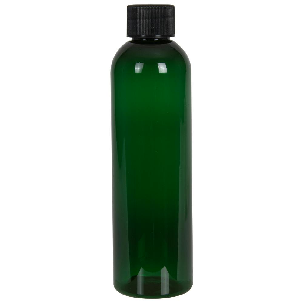 4 oz. Dark Green PET Cosmo Round Bottle with 20/410 Black Ribbed Cap with F217 Liner