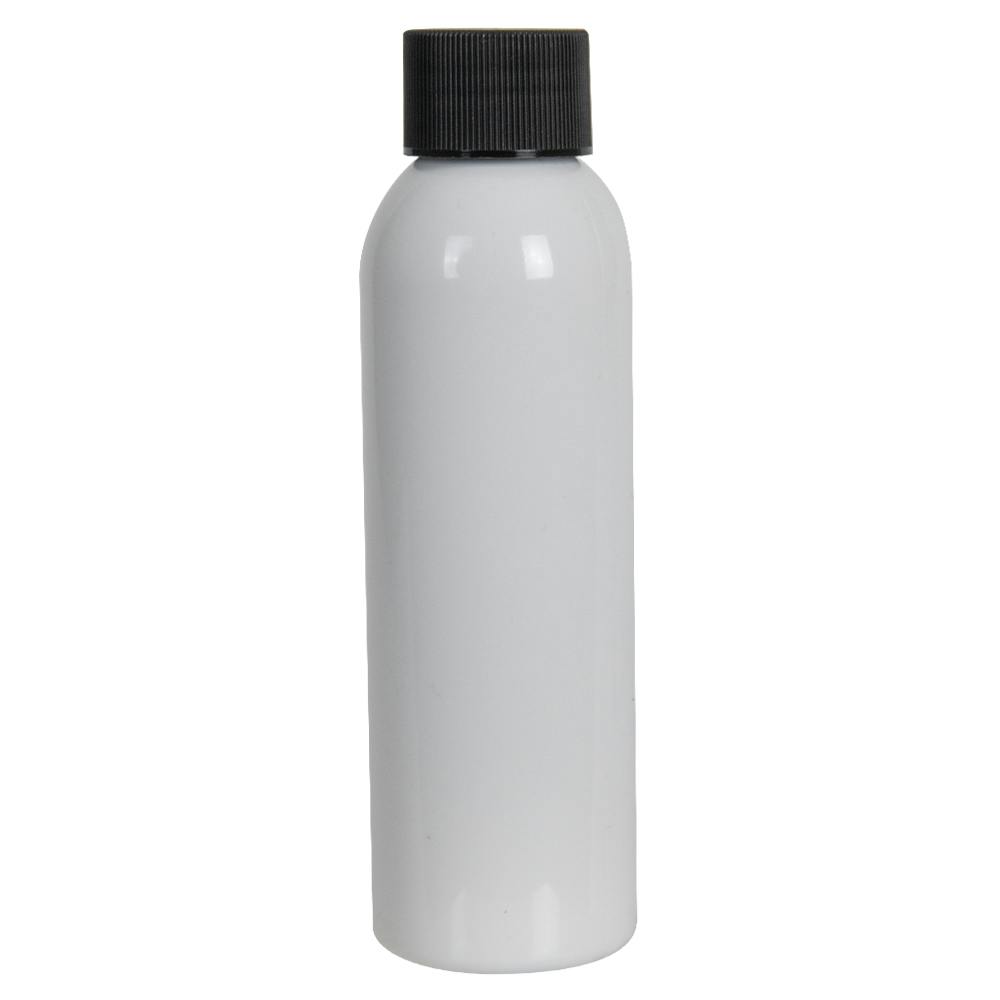 4 oz. White PET Cosmo Round Bottle with 24/410 Black Ribbed Cap with F217 Liner