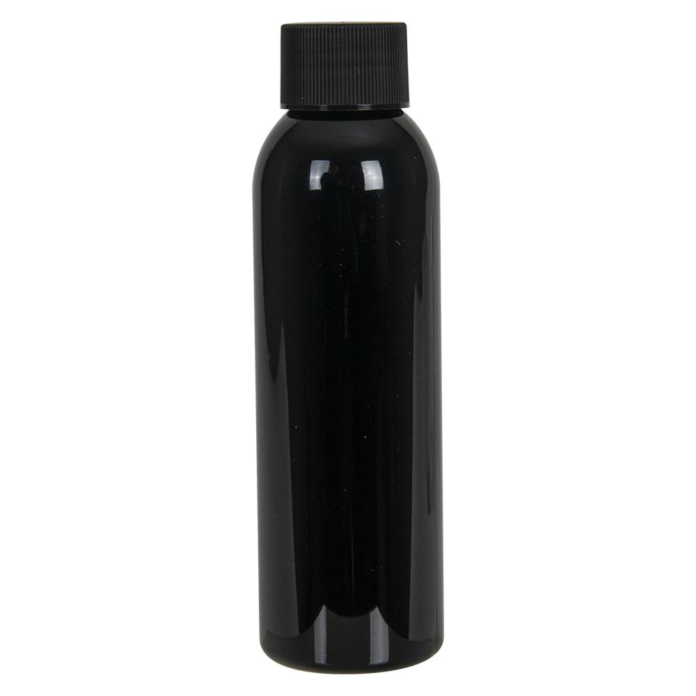 4 oz. Black PET Cosmo Round Bottle with 24/410 Black Ribbed Cap with F217 Liner