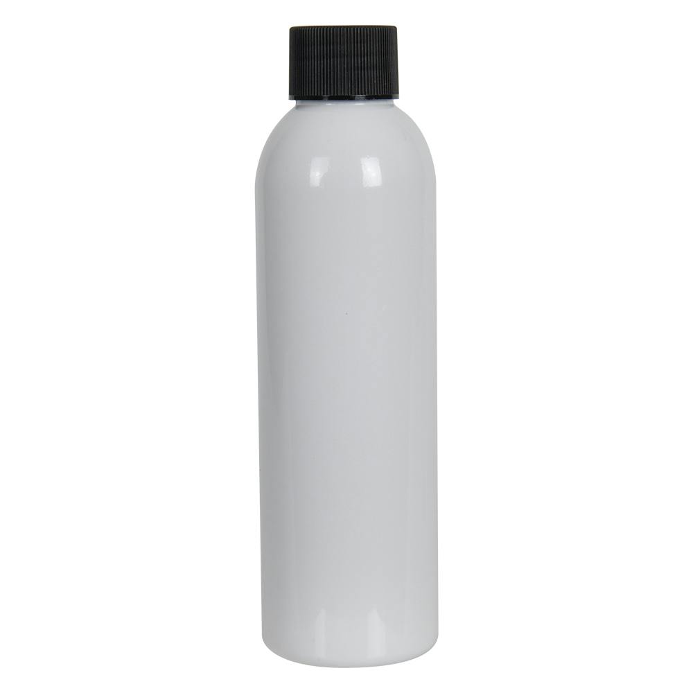 6 oz. White PET Cosmo Round Bottle with 24/410 Black Ribbed Cap with F217 Liner