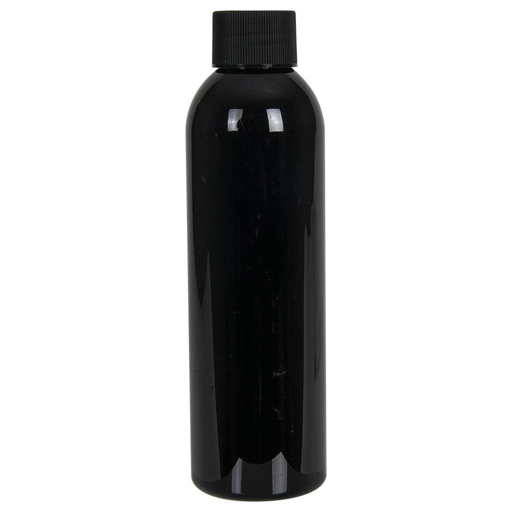 6 oz. Black PET Cosmo Round Bottle with 24/410 Black Ribbed Cap with F217 Liner