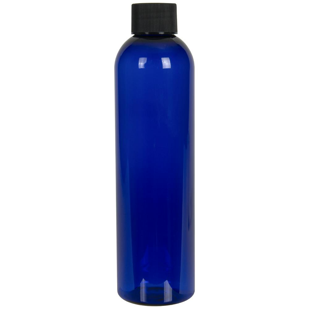 8 oz. Cobalt Blue PET Cosmo Round Bottle with 24/410 Black Ribbed Cap with F217 Liner
