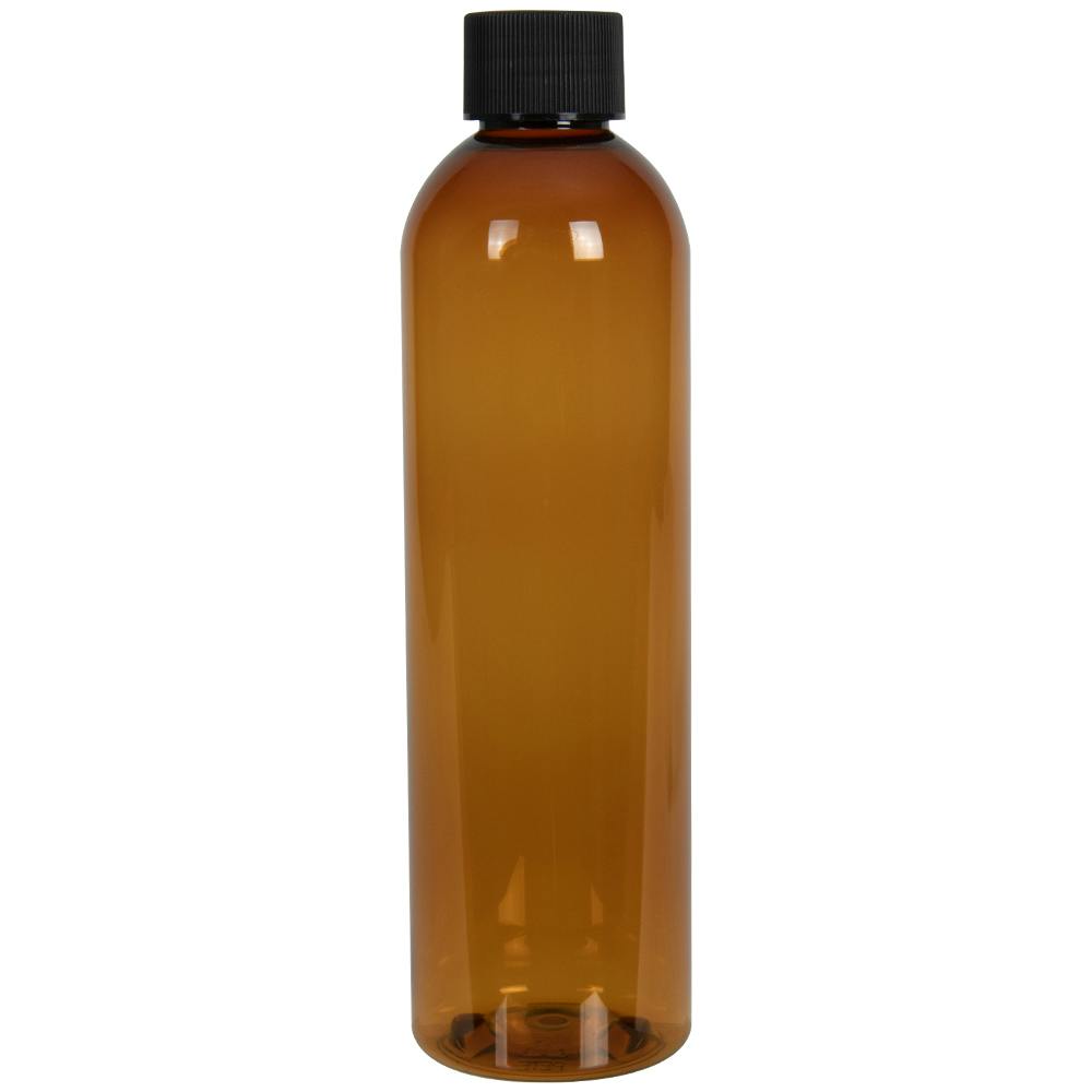 4 oz. Clarified Amber PET Cosmo Round Bottle with 20/410 Black Ribbed Cap with F217 Liner