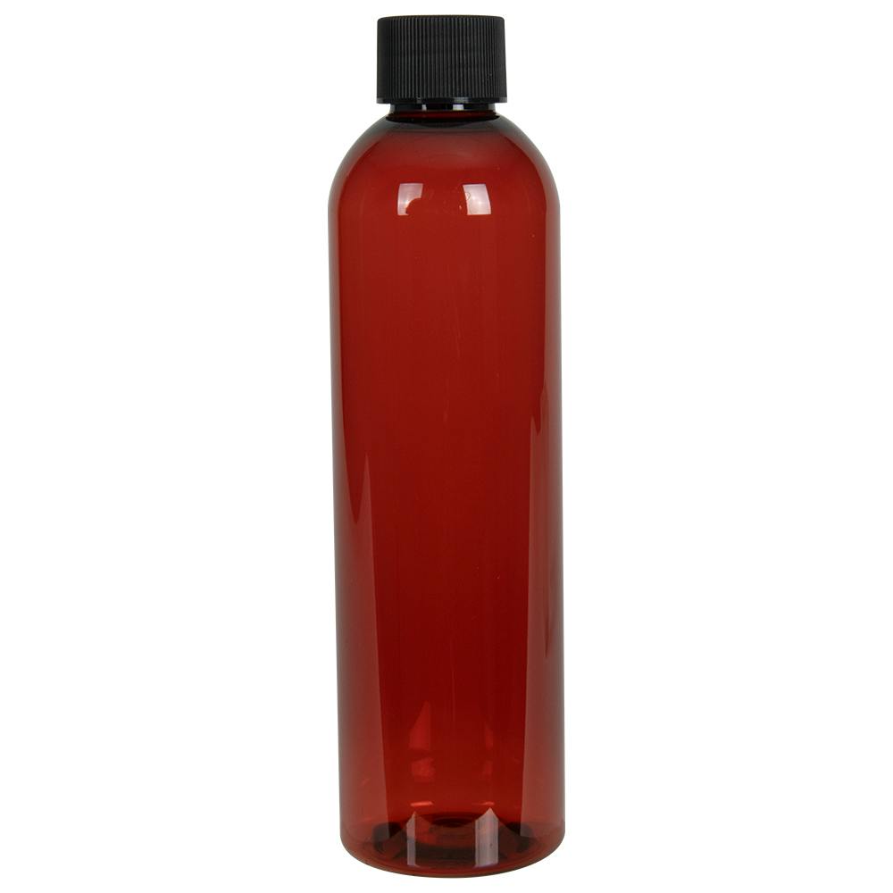 8 oz. Red Amber PET Cosmo Round Bottle with 24/410 Black Ribbed Cap with F217 Liner