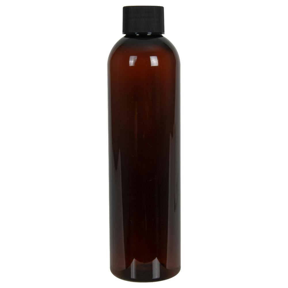 8 oz. Light Amber PET Cosmo Round Bottle with 24/410 Black Ribbed Cap with F217 Liner