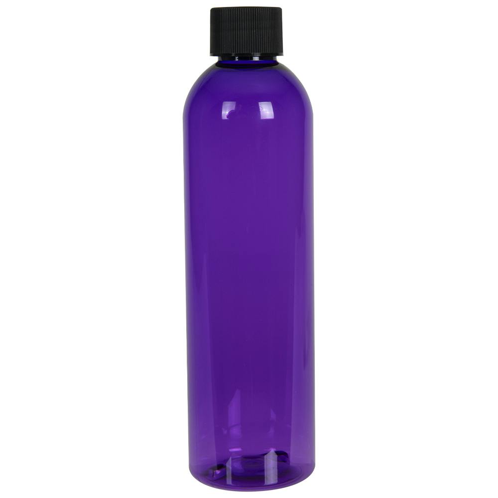 8 oz. Purple PET Cosmo Round Bottle with 24/410 Black Ribbed Cap with F217 Liner