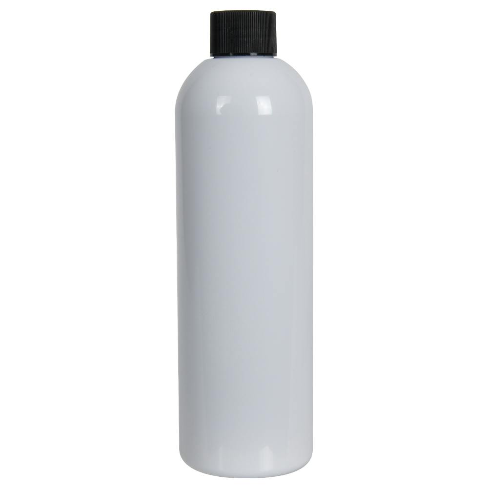 12 oz. White PET Cosmo Round Bottle with 24/410 Black Ribbed Cap with F217 Liner
