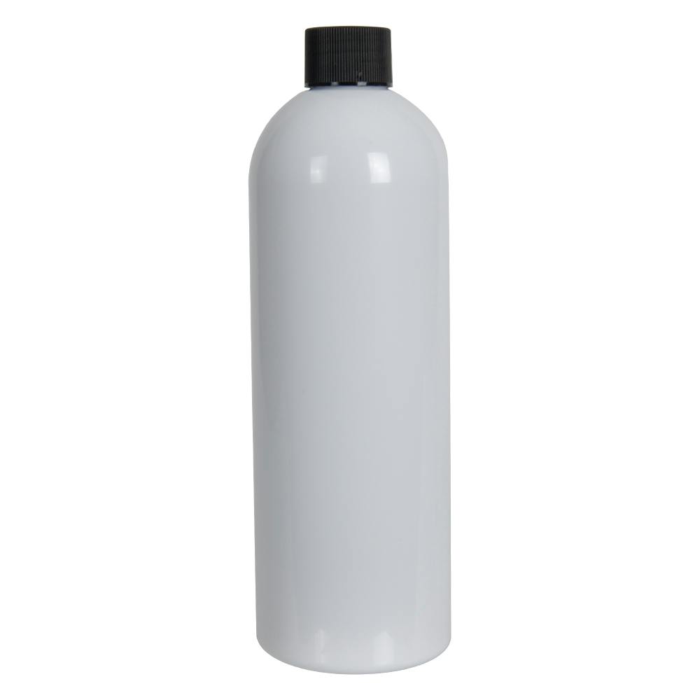 16 oz. White PET Cosmo Round Bottle with 24/410 Black Ribbed Cap with F217 Liner