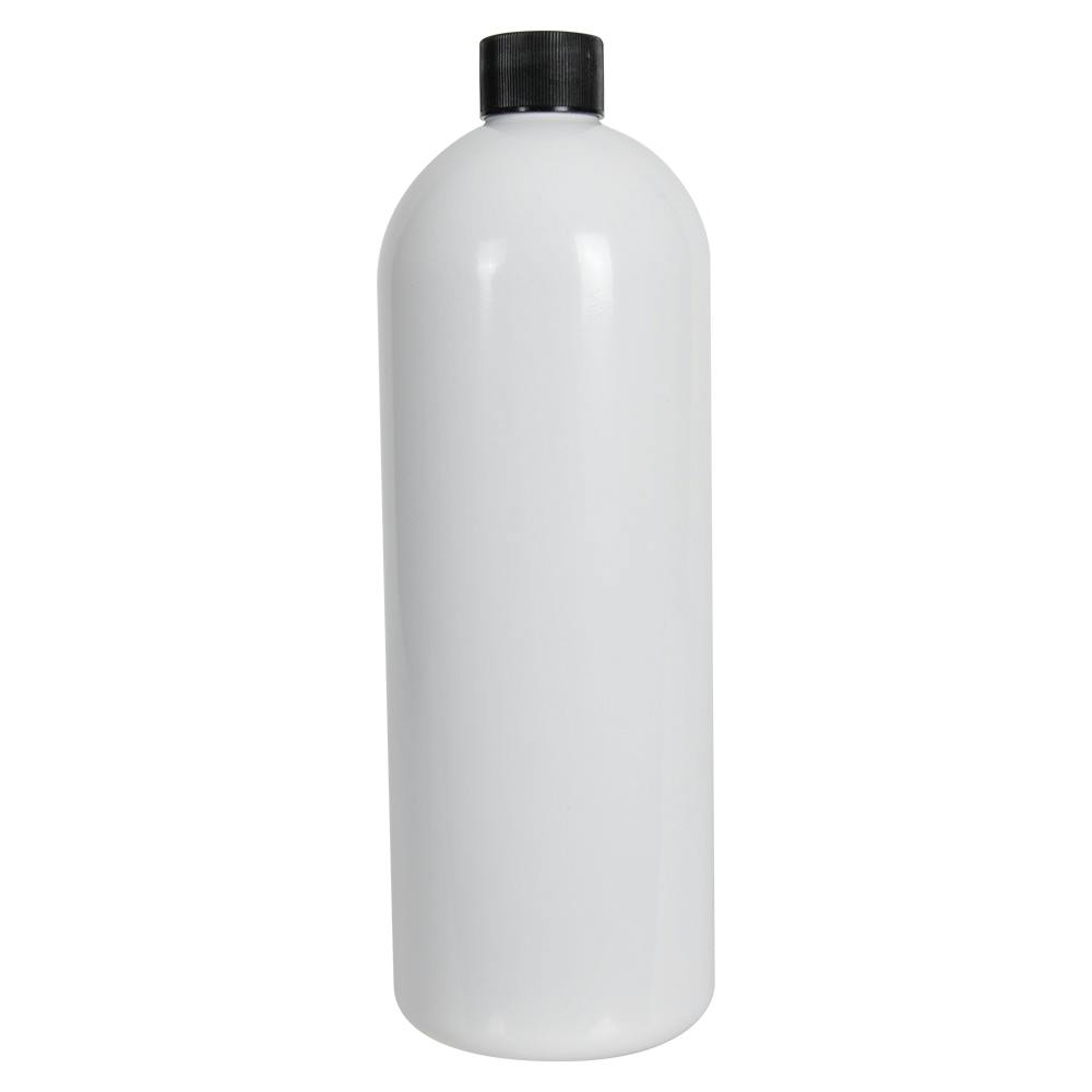 32 oz. White PET Cosmo Round Bottle with 28/410 Black Ribbed Cap with F217 Liner