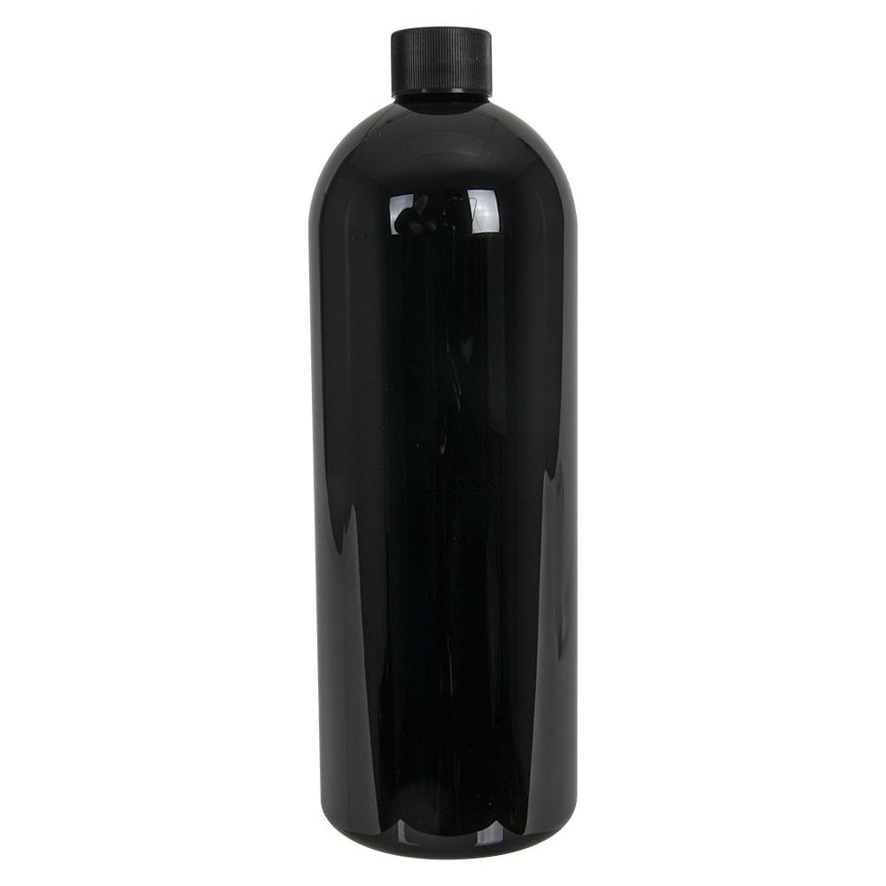 32 oz. Black PET Cosmo Round Bottle with 28/410 Black Ribbed Cap with F217 Liner