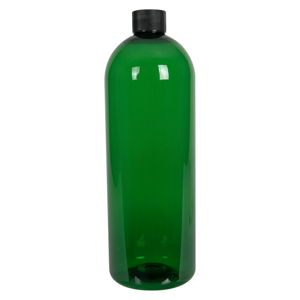 32 oz. Dark Green PET Cosmo Round Bottle with 28/410 Black Ribbed Cap with F217 Liner