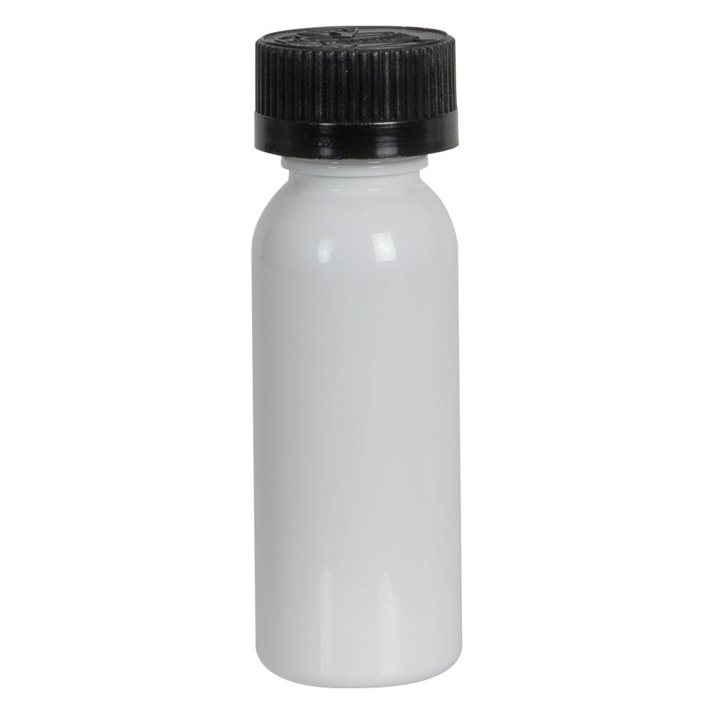 1 oz. White PET Cosmo Round Bottle with 20/400 Black Ribbed Child-Resistant Cap (CRC) with F217 Liner
