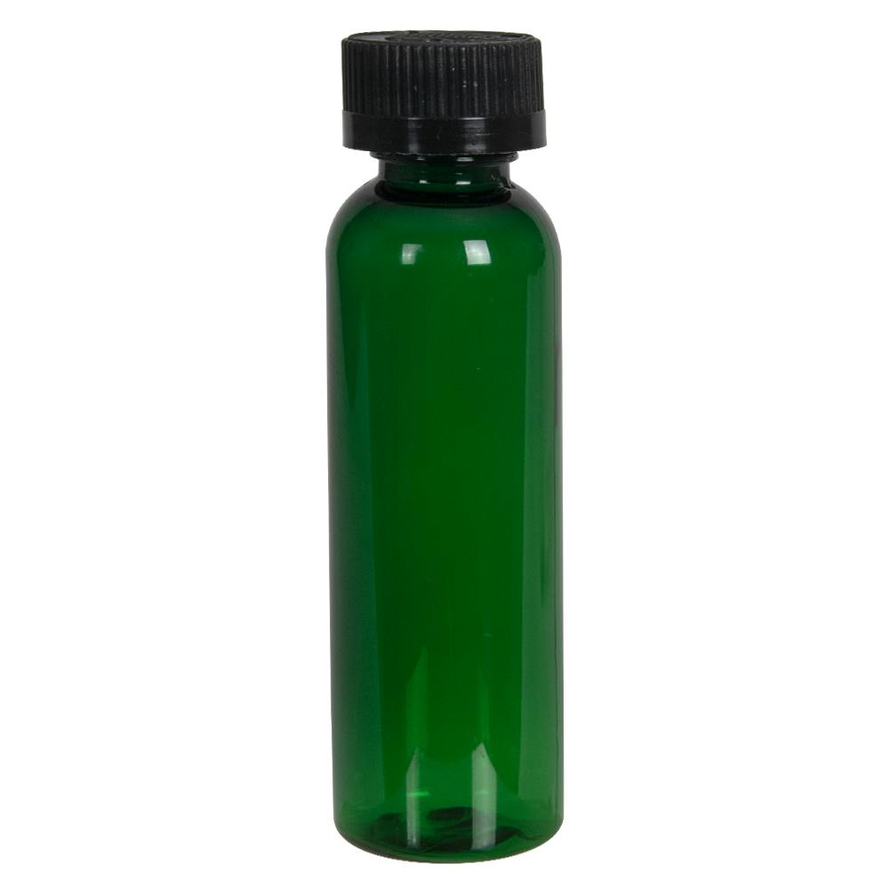 2 oz. Dark Green PET Cosmo Round Bottle with 20/400 Black Ribbed Child-Resistant Cap (CRC) with F217 Liner