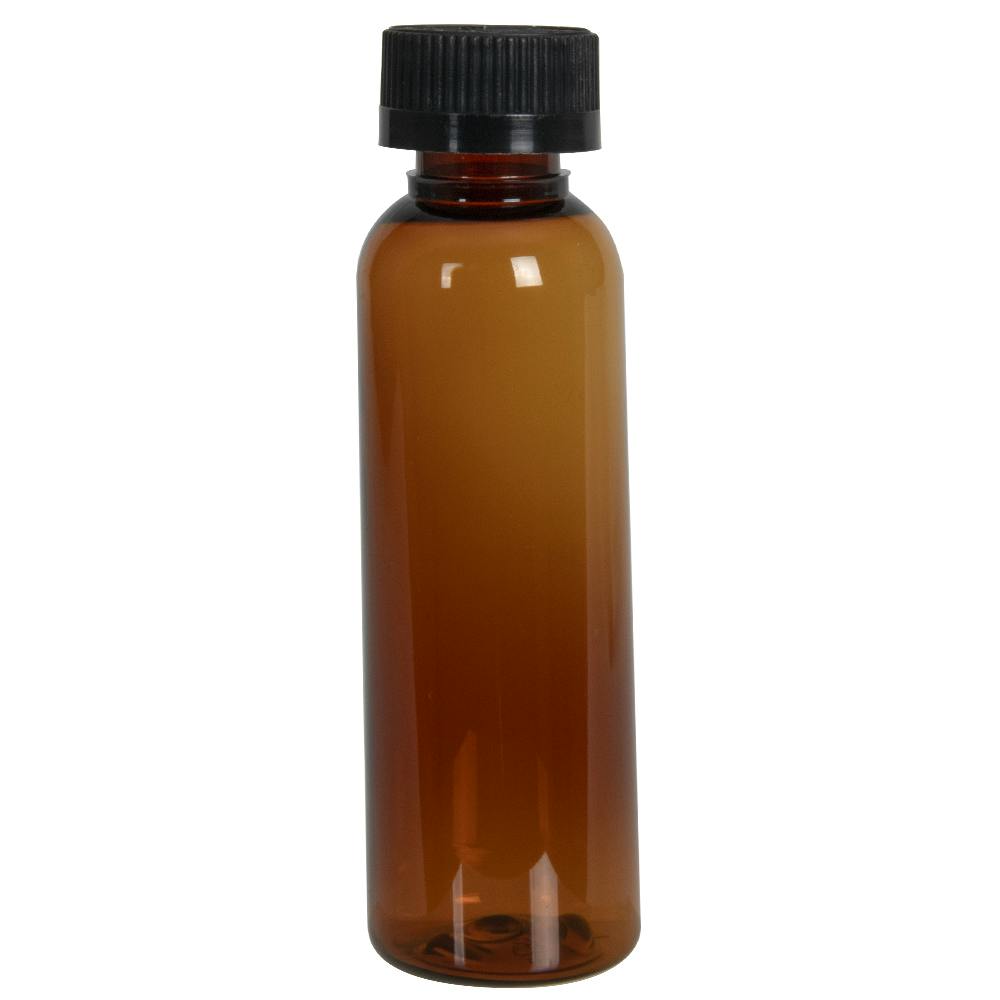 4 oz. Clarified Amber PET Cosmo Round Bottle with 20/400 Black Ribbed Child-Resistant Cap (CRC) with F217 Liner