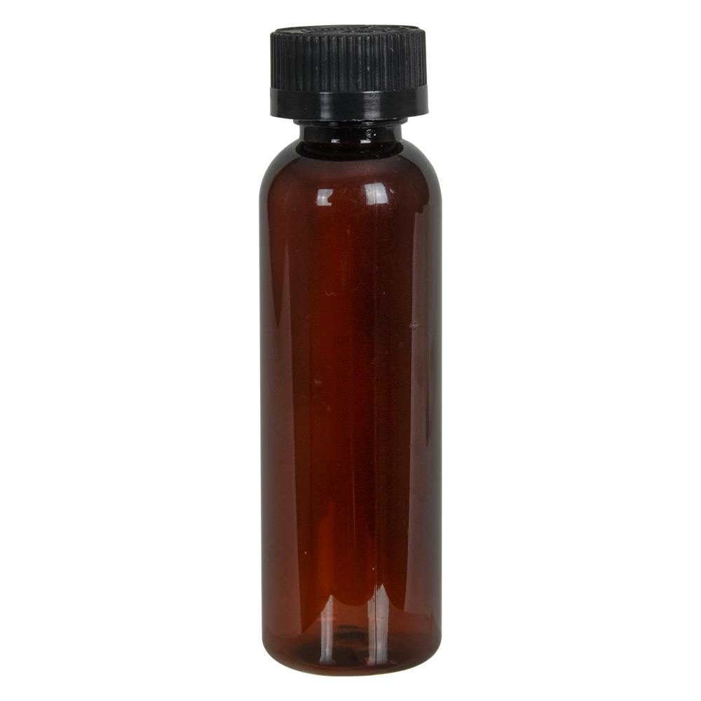 2 oz. Light Amber PET Cosmo Round Bottle with 20/400 Black Ribbed Child-Resistant Cap (CRC) with F217 Liner